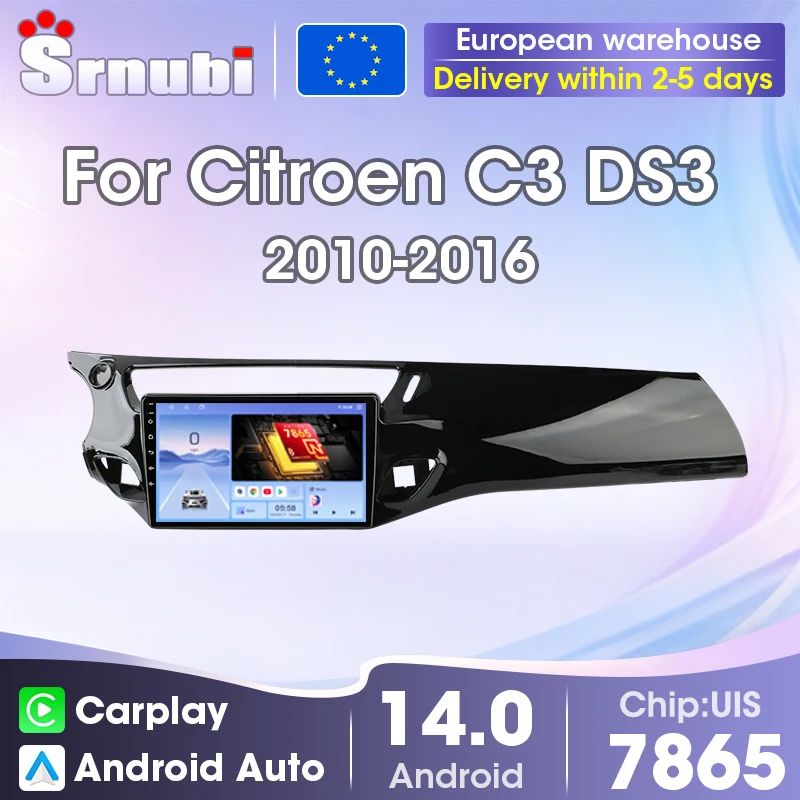 Srnubi Wireless Carplay Android Auto GPS Navigation Multimedia Video Player Car Radio 9 inch For Citroen C3 DS3 2010-2016, 2 Din Head Unit with QLED Screen Support SWC, 8-Core UIS7865 DSP Bluetooth 5.4