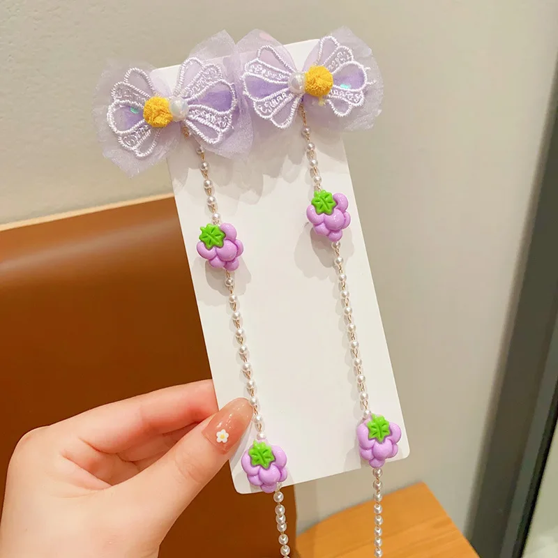 Colorful flowers children braided hair chain pearl tassel hairpin cute baby girl princess fruit braided hair accessories gift