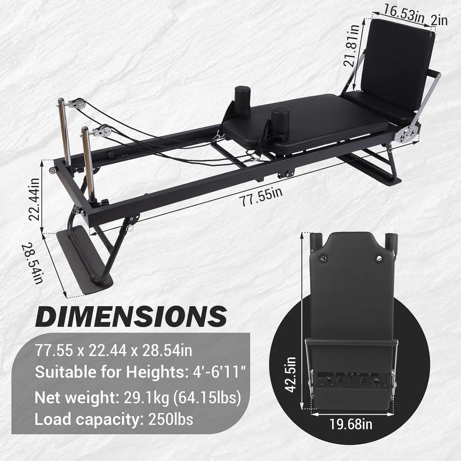 Macchina per pilates riparatore pieghevole con altezze regolabili, attrezzatura per pilates con mazze di filo per pianoforte e tavole di salto