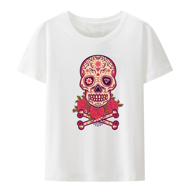 Sugar Skull Picture Print T-shirt Funny Tee Graphic Tshirts Loose Street Fashion Koszulki Classic Summer Clothes for Women Cute