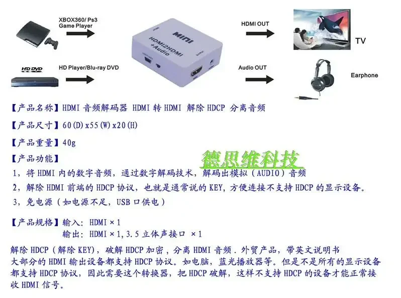 HDMI Decoder Cracking to Remove HDCP Protocol Digital to Analog Converter Audio Separator