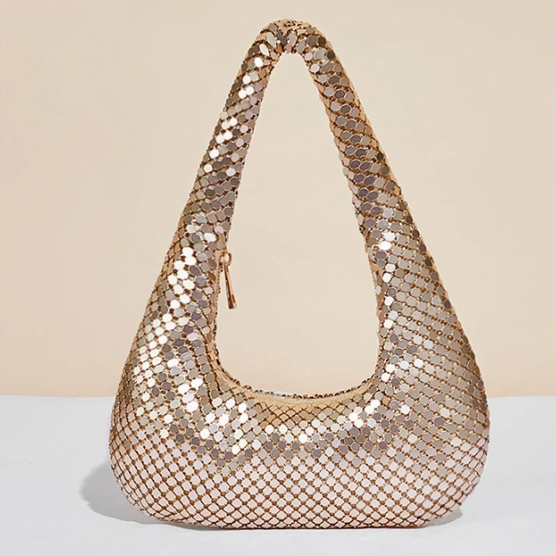 New Women's Underarm Bag Gold Aluminum Banquet Bag with Diamond Inlaid Handbag Underarm Bag