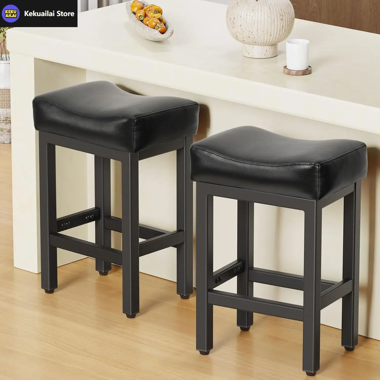 

Counter Height Bar Stools Set of 2, 24 Inch Barstools for Kitchen Island Counter, Bonded Leather Kitchen Stools with