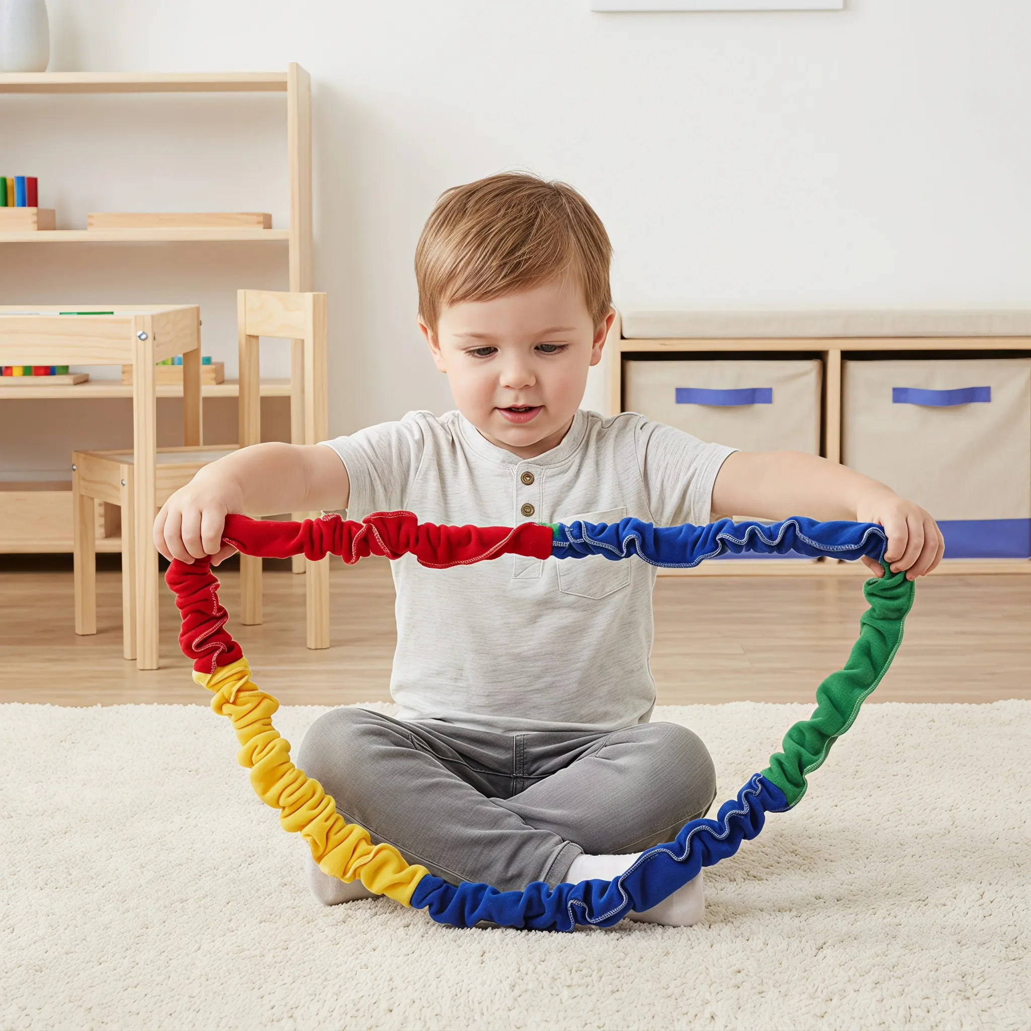 伸縮性のあるカラフルなロープ。子供向けの屋外遊具、運動器具、チームビルディングゲーム、協調性を養うフィットネスに最適。