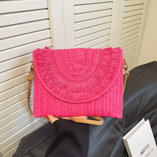 Bolso de mano tejido hecho a mano de paja, bolso de Color sólido, bolso femenino con solapa de verano, carteras de playa Bohe, bolso cruzado