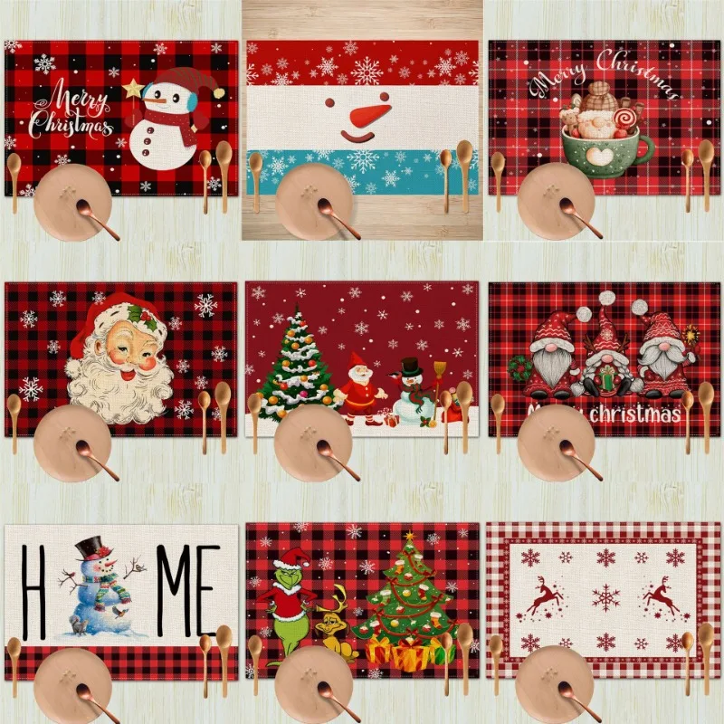 4/6/8PCS Luxury Christmas Print Placemats Linen Non Slip Heat Resistant Table Mats for Party Kitchen Wedding Dining Decoration