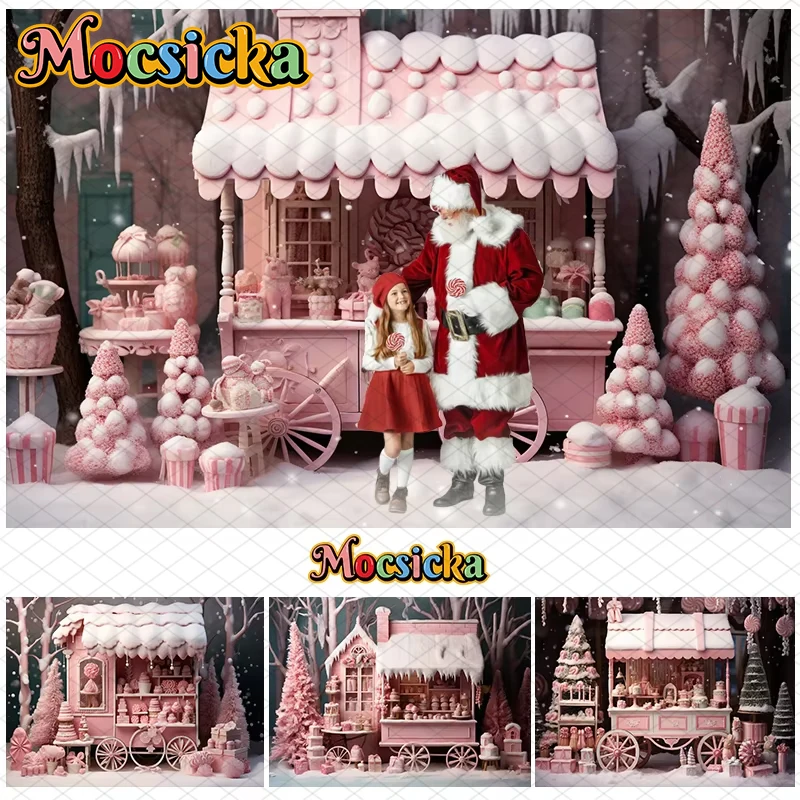 

Mocsicka Christmas Photography Backgrounds Winter Pink Dessert Cart Snow Xmas Tree Gifts Decor Kids Photo Backdrop Studio Banner