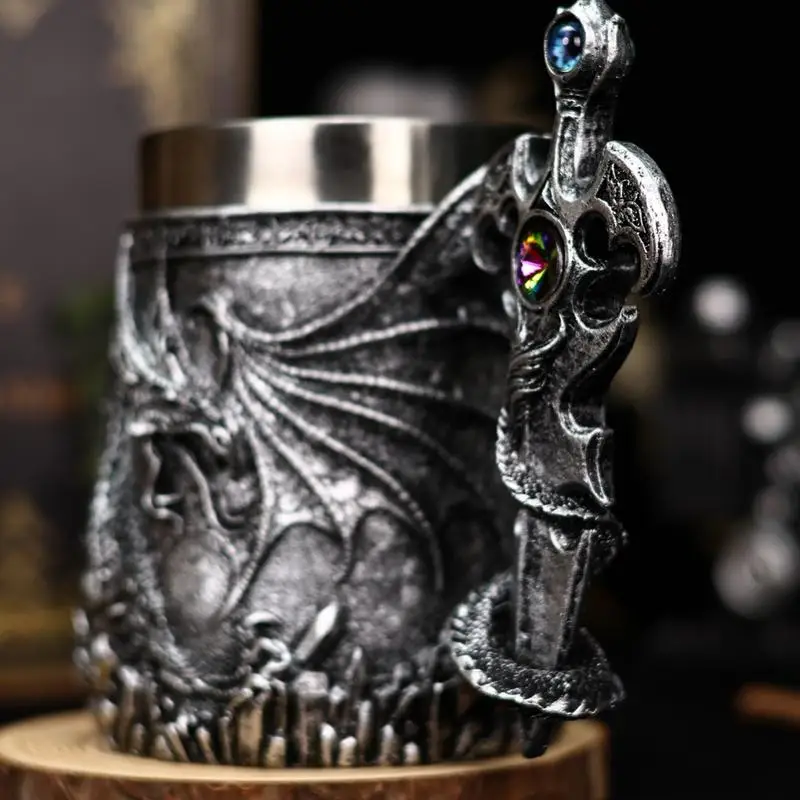 Flying Dragon Beer Glass Cross Sword Resin Stainless Steel Mug Holy Grail-Sea Blade Tankard Smaug Beer Steins Coffee Tea Cup