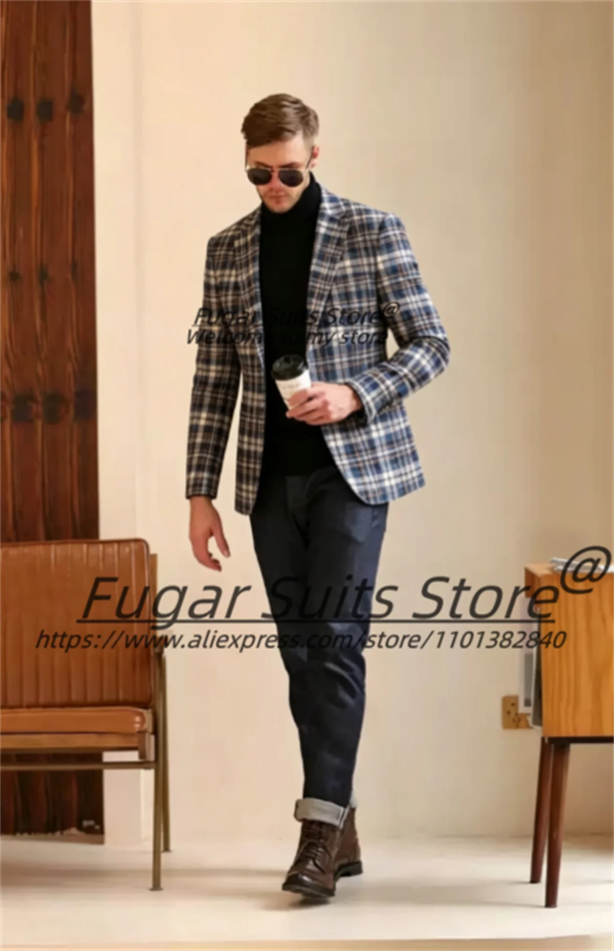 French style Classic Plaid Prom Suits For Men Slim Fit Peak Lapel Groom Wedding Tuxedos 2 Pieces Sets Male Blazers Ropa Hombre