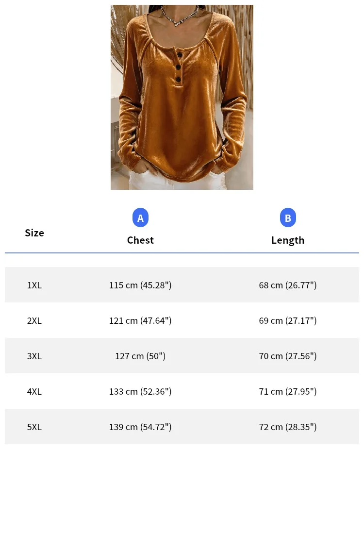 Damen-Top aus Samt mit langen Ärmeln und Henley-Ausschnitt in Übergröße, elastische, einfarbige, lässige Bluse mit Rundhalsausschnitt für Damen – Detail 3