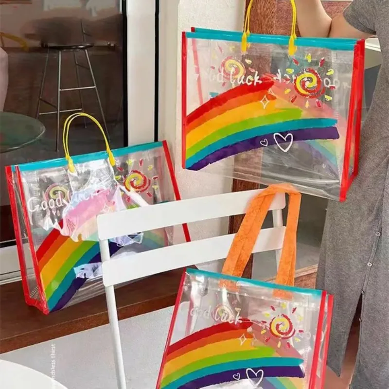 10pcs Plastic Transparent Tote Bag Colorful Border with Rainbow Print Casual Daily Bag
