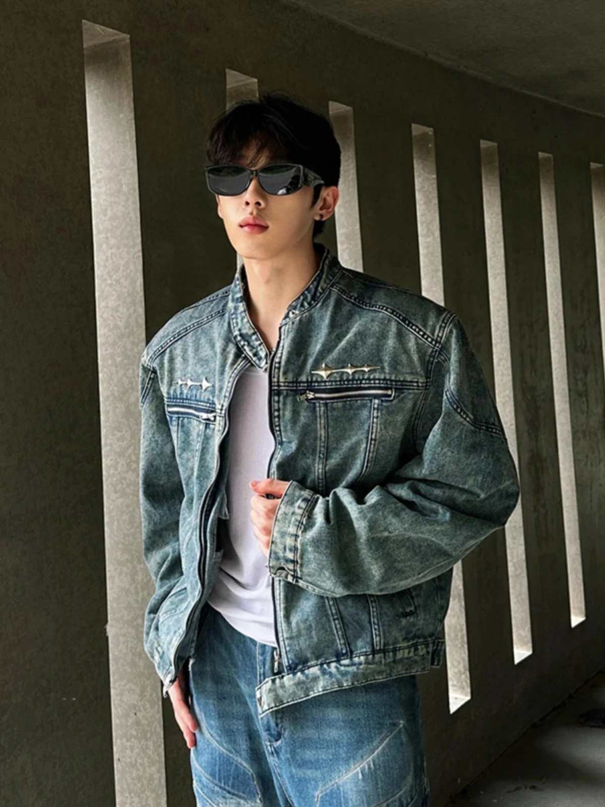 

Синяя джинсовая куртка Blue ort Waed для мужчин, осенняя, в американском уличном стиле, CleanFit, Cool Sle, повседневная, свободного кроя, джинсовая куртка