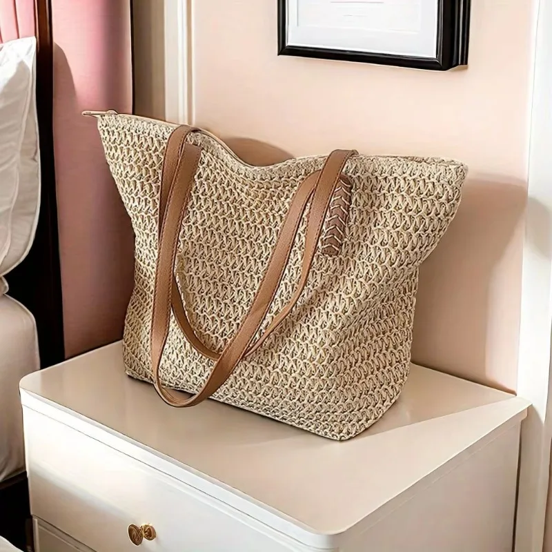 

French Summer Woven Beach Handbag Shoulder Bag, Braided Style Single Tote Bag, Leisure Armpit Bag, Large Shopping Bag for Women