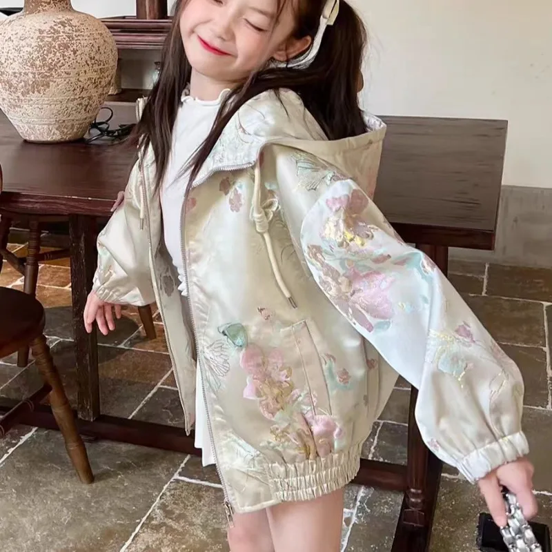 2025 新しい女の子のルーズパーカークリップ春子供のジャカード三次元蝶エスニックスタイル野球シャツジャケット