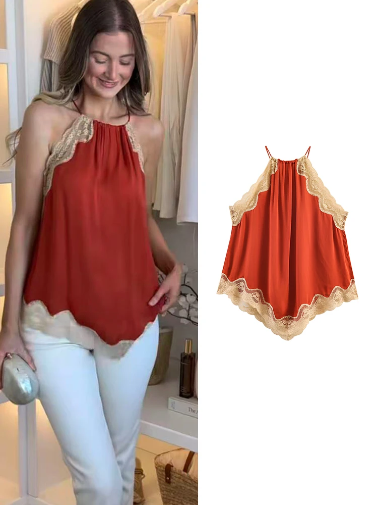 Sommerliches neues Damen-Halter-Top: Modisches, elegantes Patchwork-Design mit Spitzenbesatz, unregelmäßiger, locker sitzender ärmelloser Tank-Top für die stilvolle Dame
