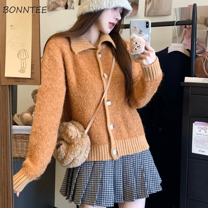 

Cardigan Women Turn-down Collar Knit Ulzzang Tender Elegant Baggy Теплый Джемпер Женский Retro Outwear Slouchy Autumn Design