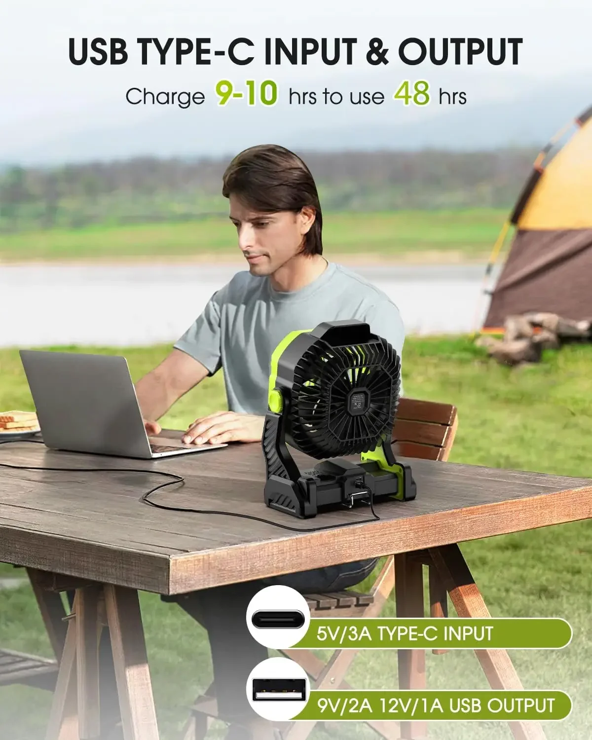 Ventilador con batería de 20000mAh, ventilador recargable para acampar al aire libre con linterna, ventilador de refrigeración Personal para dormitorio con aire frío