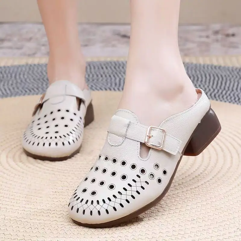 

Women Genuine Leather Baotou Hollow Out Half Slippers Soft Sole Breathable Low Heel Retro Outdoor Casual Slippers Sandals
