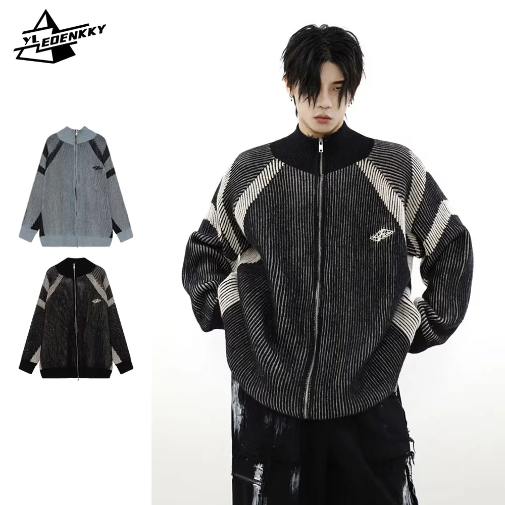 American Vintage Sweater Men Women Color-block Panelled Zip-up Cardigan Tops Stand-collar Loose Long-sleeved Casual Knit Unisex