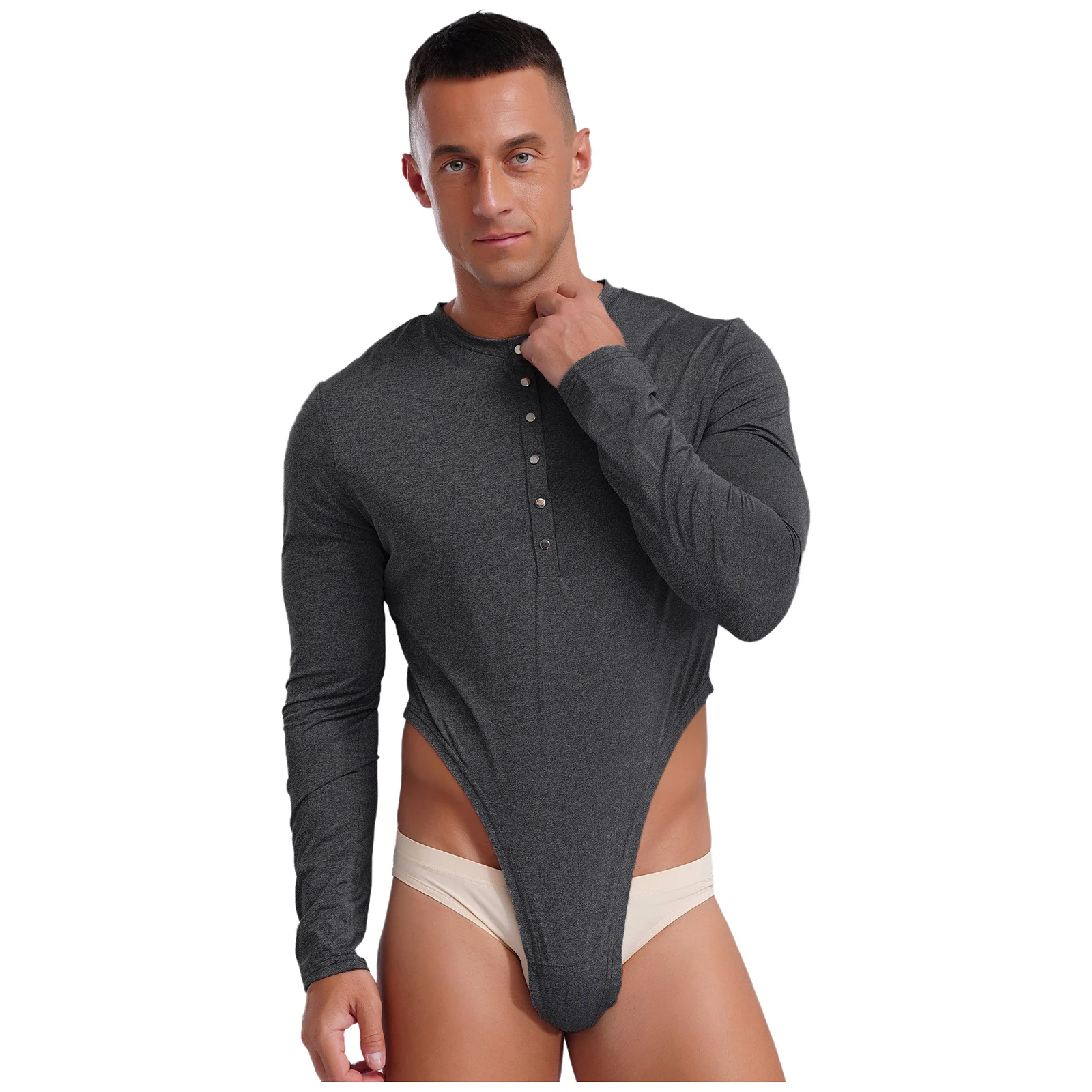 

Мужской цельный боди с длинным рукавом на пуговицах, купальник с высоким вырезом, облегающий комбинезон, пижама, нижнее белье, одежда для сна, костюм Romer