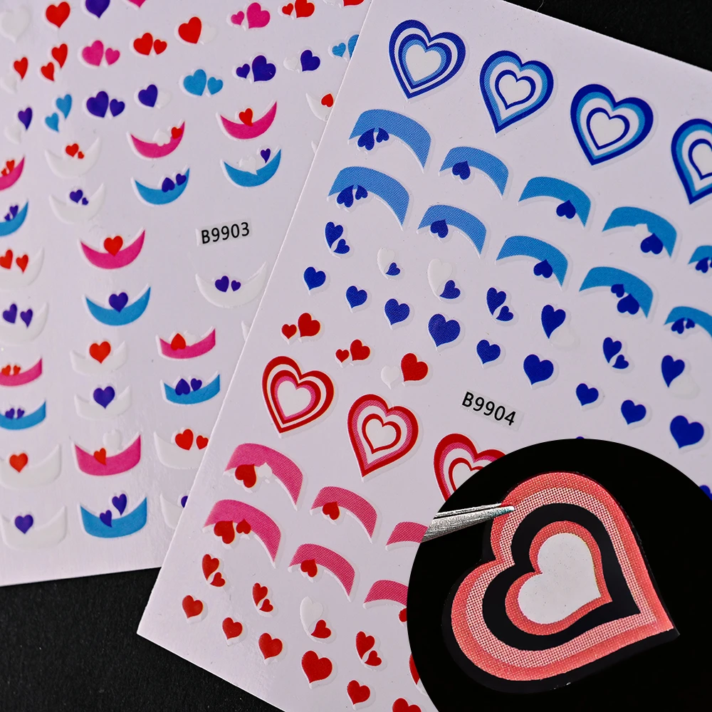 1 Pc Gradient Love Heart Nail Art Stickers Simple Colorful Love Heart Pattern Back Adhesive Manicure Decoration Accessories