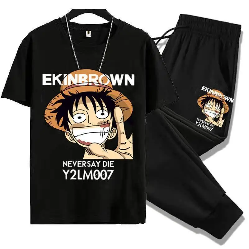 One Piece anime peripheral clothing youth sports suit Luffy Uchiha Itachi casual short-sleeved nine-quarter pants two-piece set