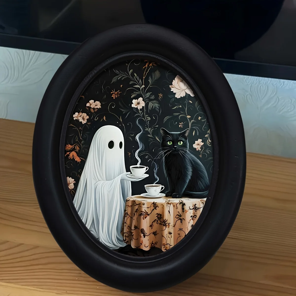 Gothic Halloween Ghost Black Cat Oval Framed Picture, Dark Floral Background Retro Desktop Wall Art Decor for Holiday Room Decor