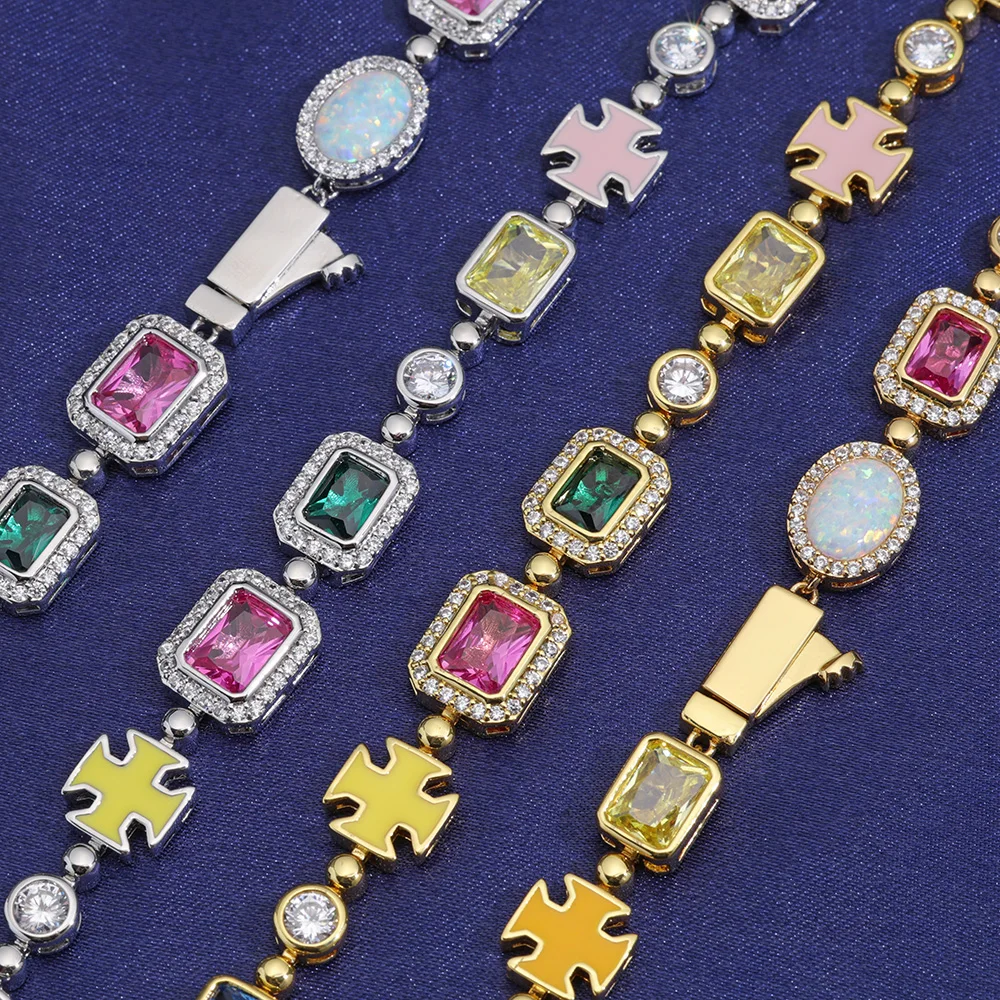 NUOYA 10mm Custom Multi Color Enamel Bling Cz Stone Chain Silver Geometric Gemstone Motif Iced Out Chain Necklace
