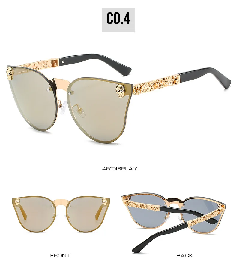 Gothic Schädel Sonnenbrille Frauen Männer Cat Eye Geschnitzt Metall Persönlichkeit Randlose Reflektierende UV400 Sonnenbrille – Detail 11