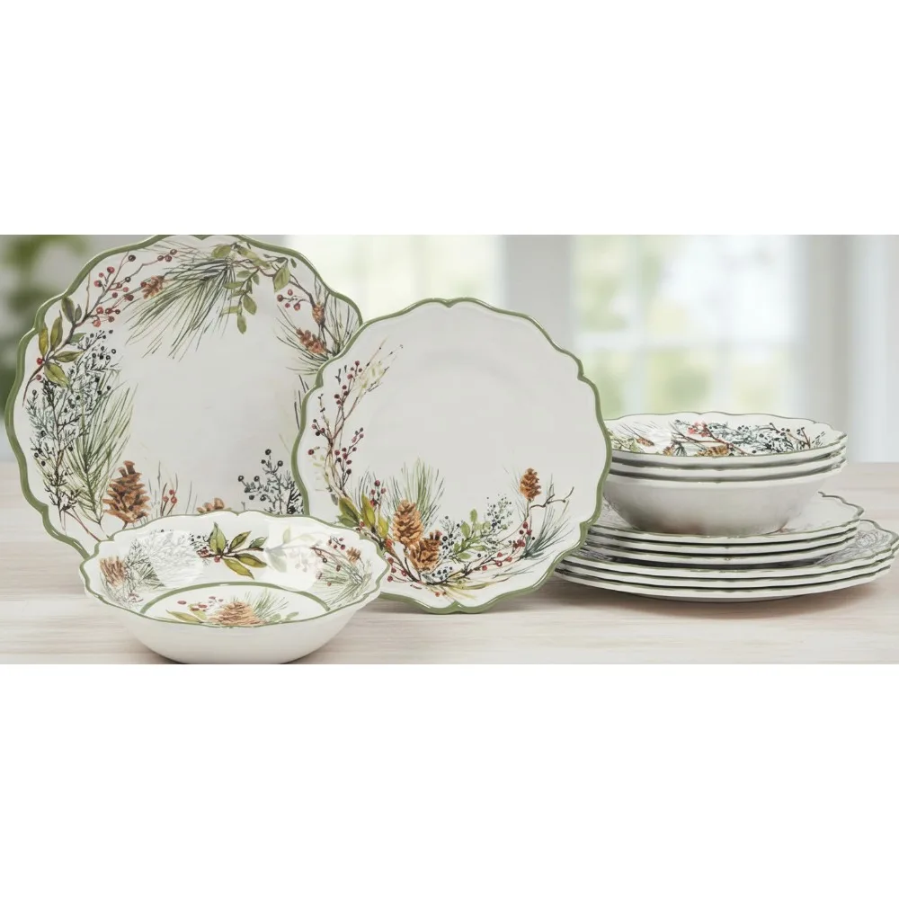 

Winter Forest Melamine Dinnerware Set 12 Pc Service for 4, Durable Dishwasher Safe Tableware