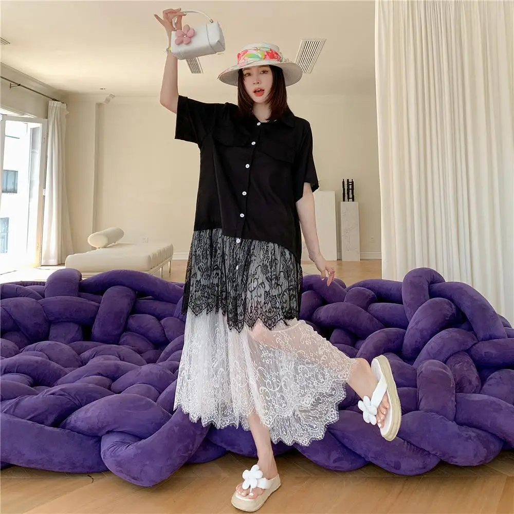 レディース ブラック レース プリーツ プラスサイズ Tシャツワンピース 新作 ラペル ハーフスリーブ ルーズフィット ファッション トレンド 春夏 ロングワンピース