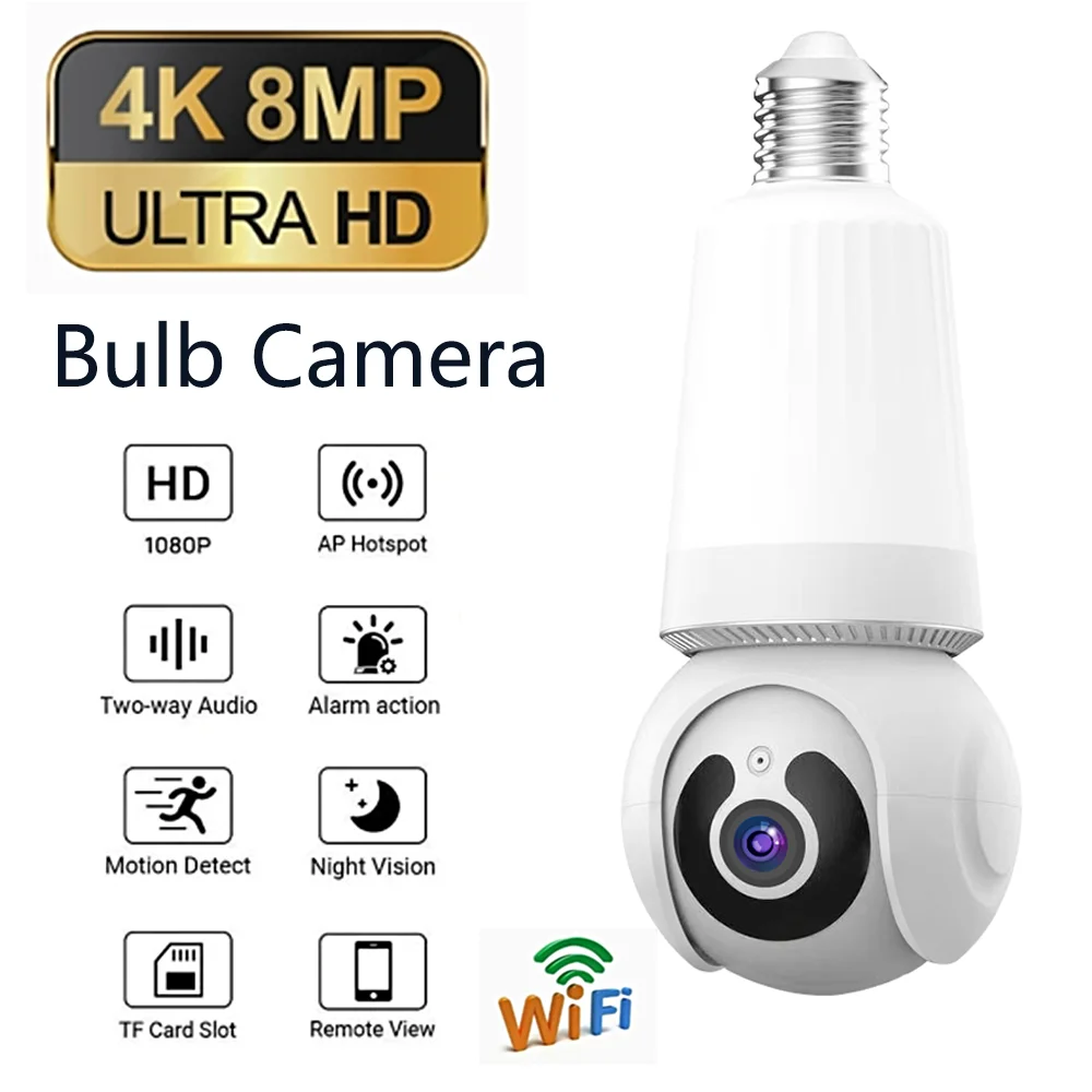 

8MP 4K WIFI Wireless Monitor Camera Surveilance with LED Bulb Smart AI Tracking Two-way Audio HD Night Vision Full Colour Camera