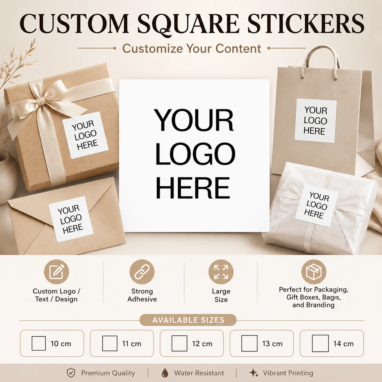 Customized Large Square Stickers 10–14cm, Personalized Logo Text and Pattern Waterproof Adhesive Labels, Suitable for Gift Boxes, Shopping Bags, Envelopes, Packaging Seals, Brand Identification, and Business Promotion