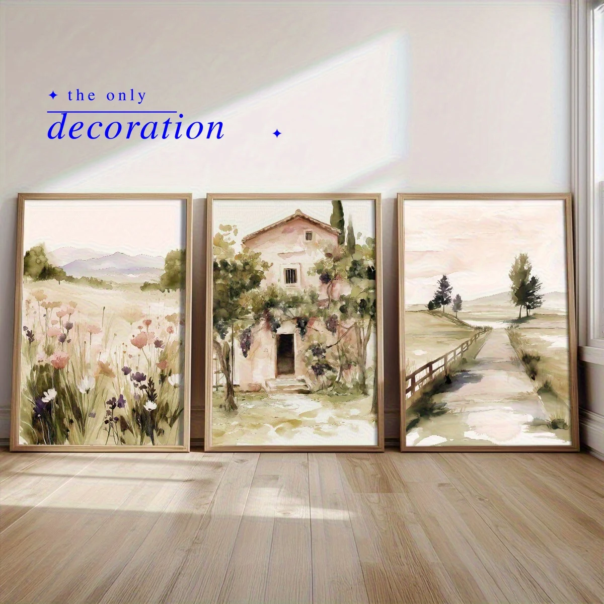 2D Flat, 2D Flat, Set of 3 Watercolor Wall Paintings Depicting Spring Rural Landscapes, Featuring Country Paths, Farmhouses,