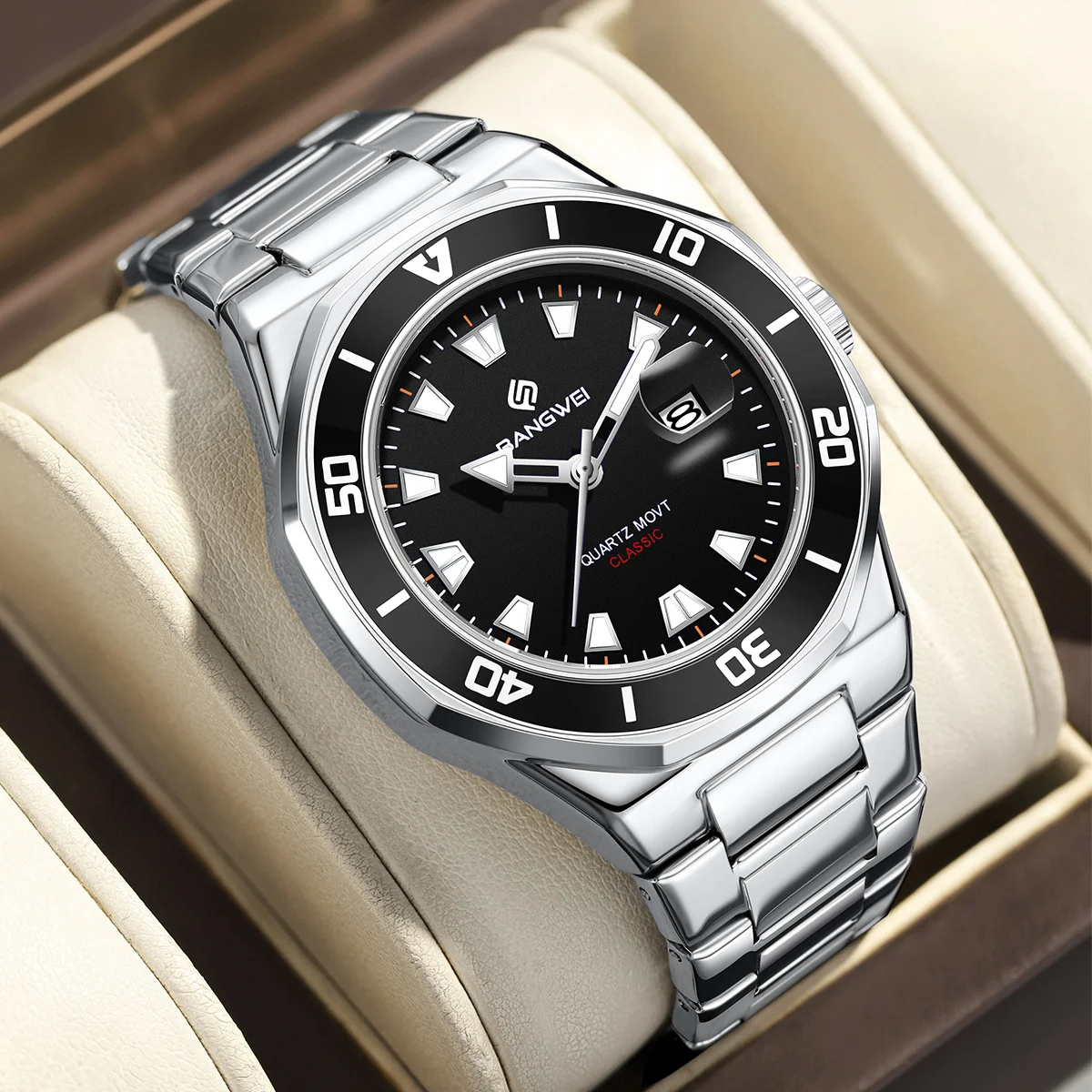 BANGWEI Classic Men's Business Watches 30M Waterproof Luminous Quartz Wristwatch Luxury Stainless Steel Calendar Man Watch+Box