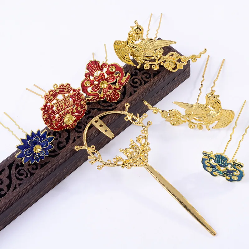 Antique drip oil flower double happiness hairpin accessories DIY symmetrical bird hairpin alloy main accessories spot wholesale