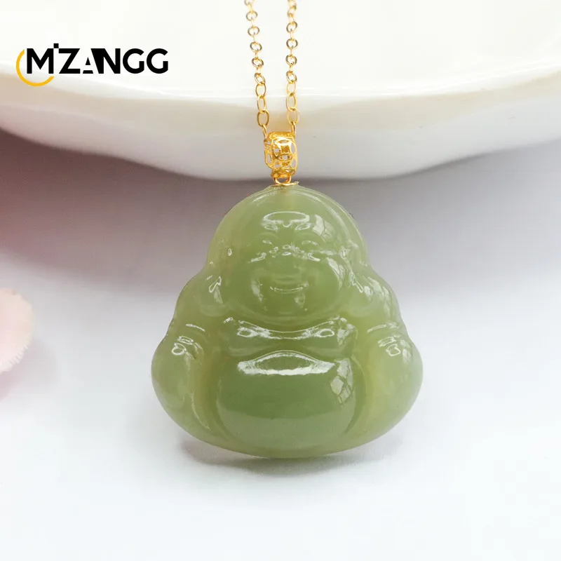 

Natural 18k Gold Inlaid HeTian Jade Buddha Gong Pendant Exquisite Women's Jade Necklace Chinese Carved Luxury Fashion Jewelry