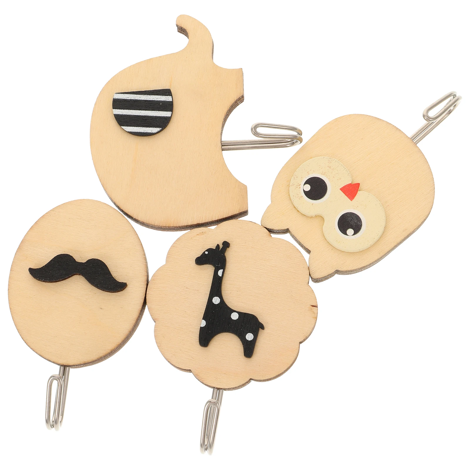 

4pcs Adhesive Wall Hooks Wooden Multi-Use Bathroom Kitchen Hangers Cartoon Design Durable Water-Resistant Room Nursery
