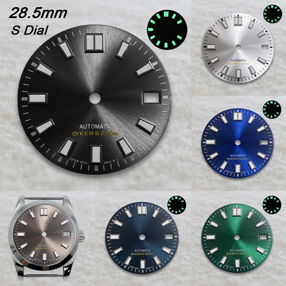 28.5mm S Logo Dial NH35 Sunburst Diver's Dial Fit NH35/NH36/4R/7S Japanese Movement Strong C3 Green Luminous Watch Accessories