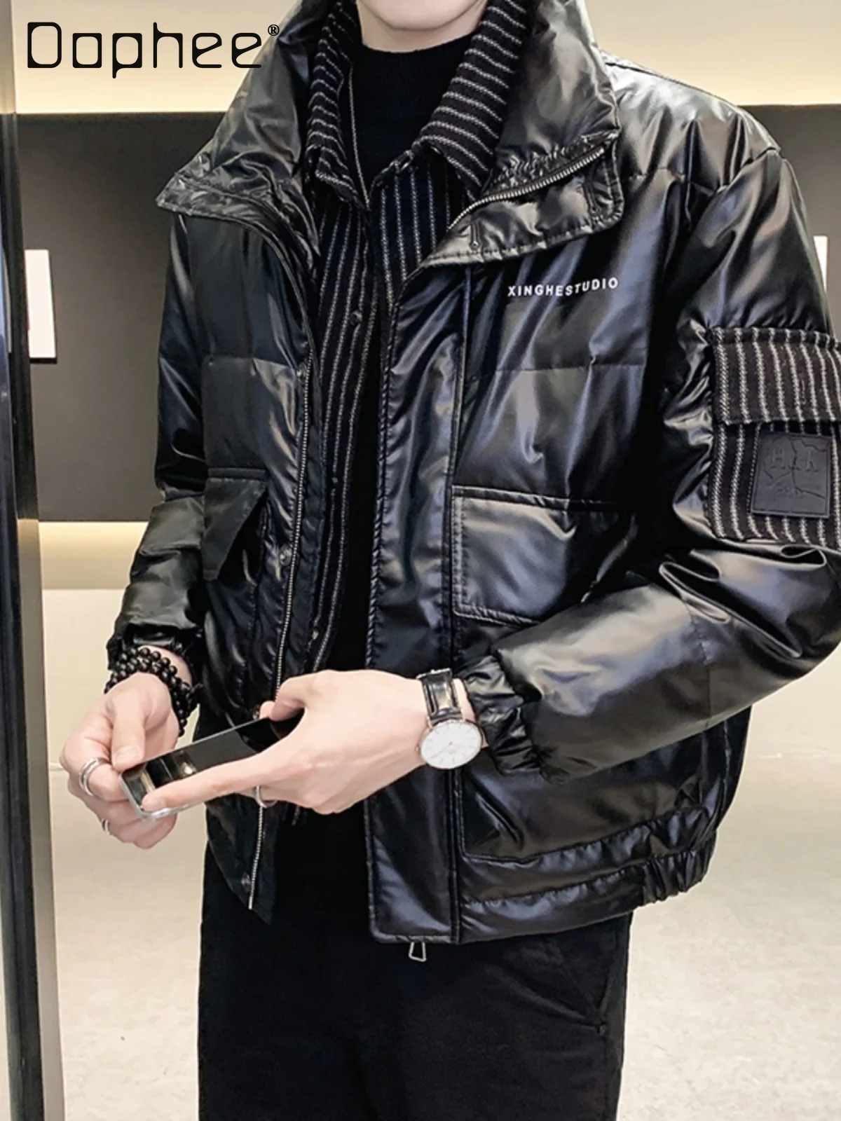 2025 Winter Men's Warm Fashion Lightweight Fake Two-Piece Turn-Down Collar Warm Loose Casual Black Down Jacket