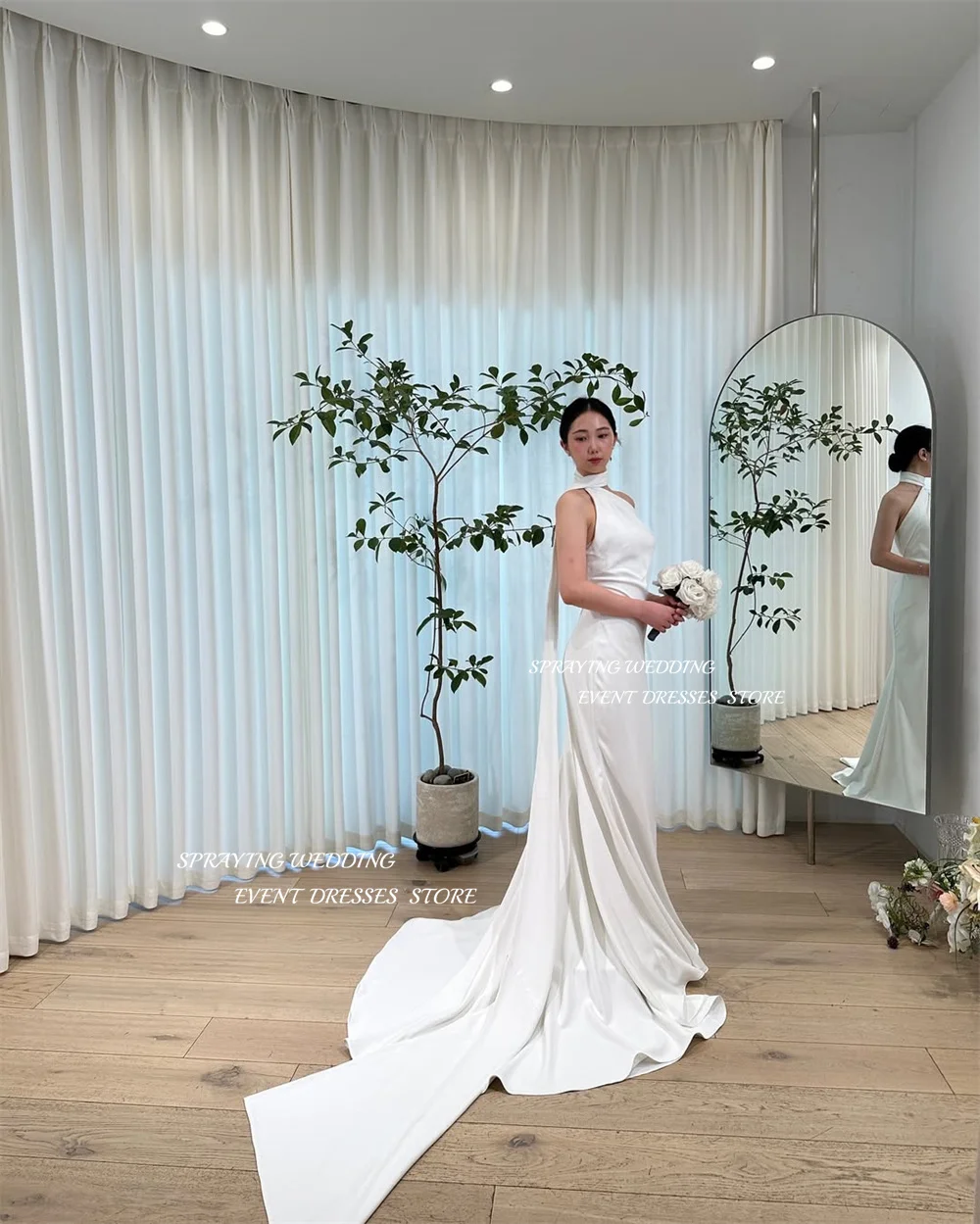الرش أنيقة حورية البحر طويل الساتان فستان الزفاف كوريا صورة تبادل لاطلاق النار الرسن بلا أكمام زي العرائس مشد مخصص ستناء
