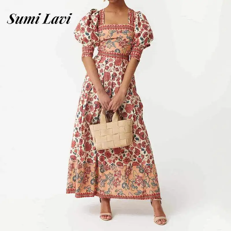 

Fashion Square Neck Tops & Half Skirt Outfits Women Casual Bubble Sleeve Party 2Pc Sets Elegant Printed Vacation Two Piece Suit