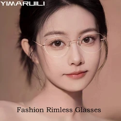 YIMARUILI Ultralight Fashion Cat Eye Rimless Glasses Women Retro Titanium Alloy Retouch Face Optical Prescription Framework 690A