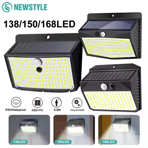 150/138/168 Solar Lights Outdoor Motion Sensor Wall Light 3 Modes Security Fence Light For Outside Yard Deck Garden