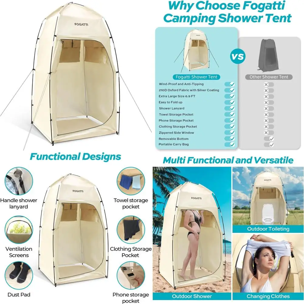 خيمة دش خارجية محمولة مع أرضية، مأوى بطول 6.9 أقدام، 3 جيوب، حقيبة حمل، خصوصية للتخييم #1