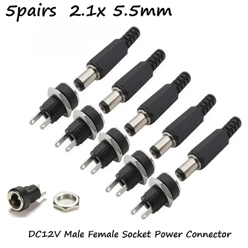 5 Pair DC 12V Male Female Socket Panel Mount Barrels Jack Plug Power Connector Female Jack Screw Nut Panel Mount Connector
