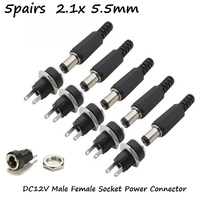 5 Pair DC 12V Male Female Socket Panel Mount Barrels Jack Plug Power Connector Female Jack Screw Nut Panel Mount Connector
