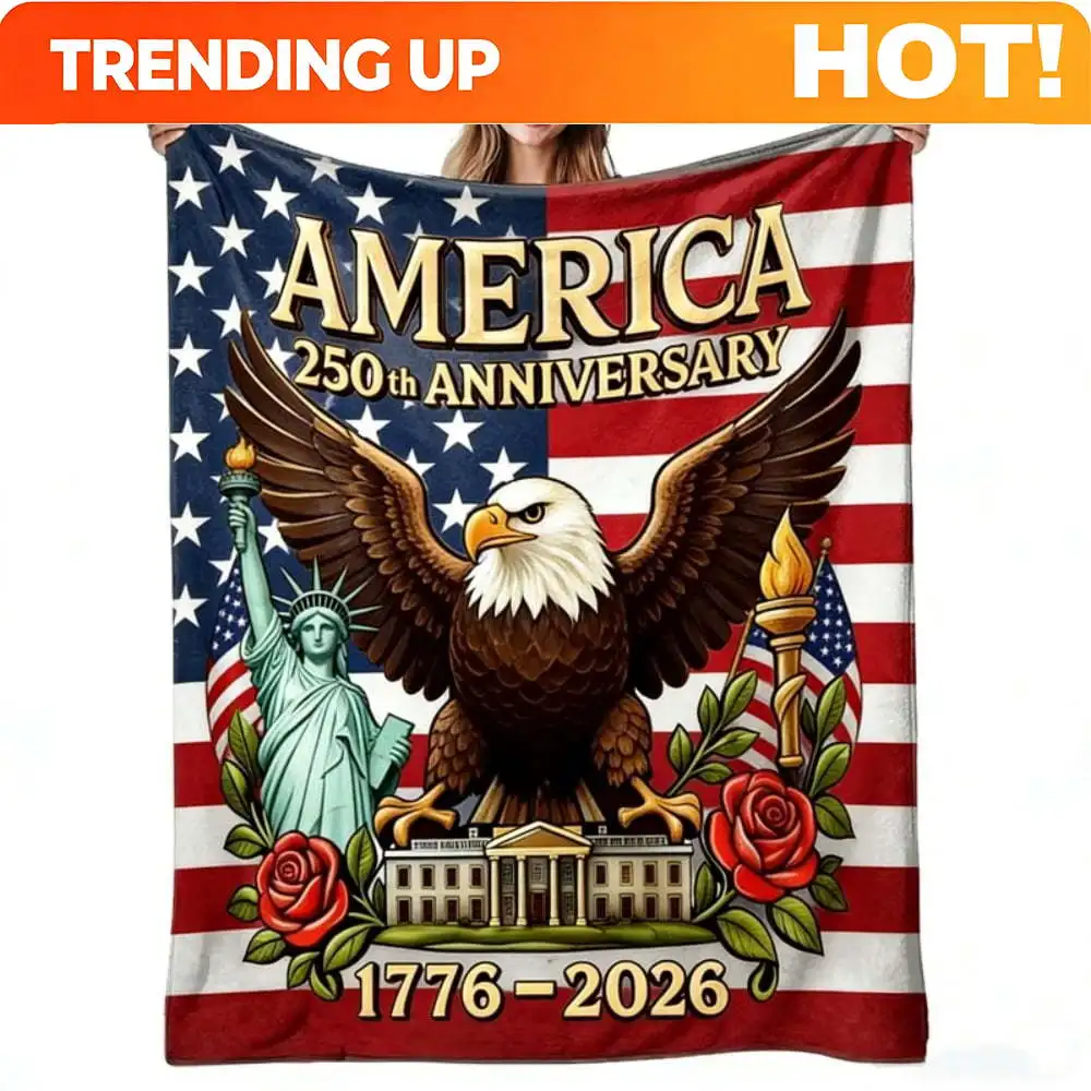 Customize 1776-2026 Patriotic Flannel Throw Blanket, America 250th Anniversary Eagle & Landmark Print for Gifting
