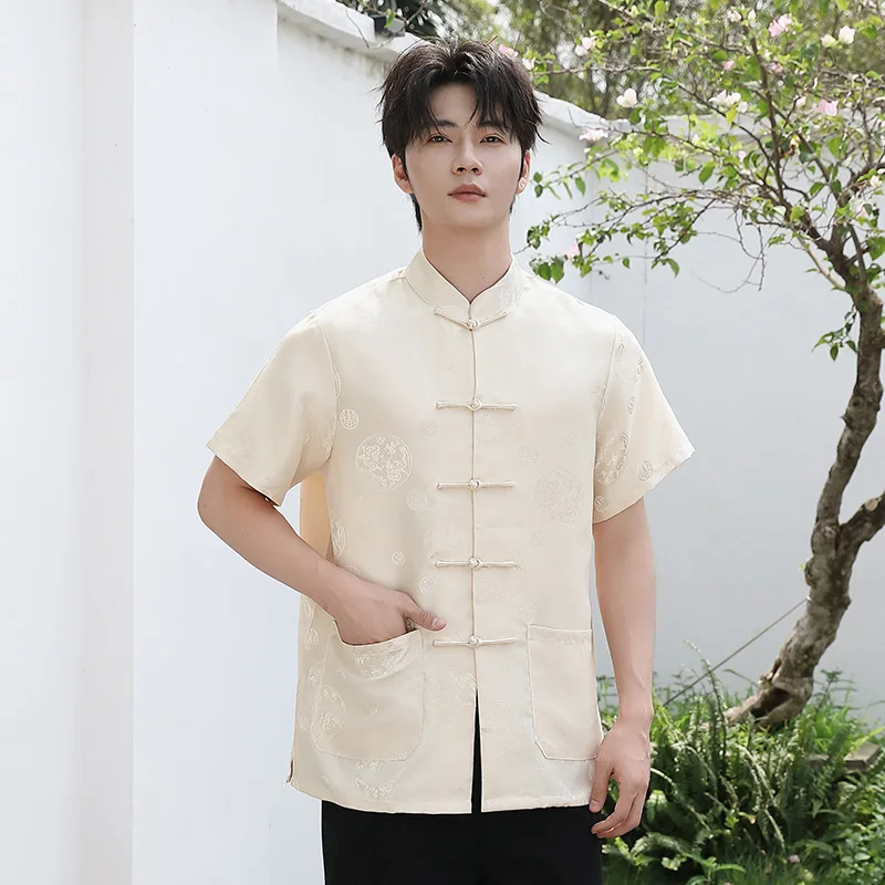 Men Chinese Tang Clothes Short Sleeve Shirt Traditional Mandarin Collar Vintage Button Circular Pattern Silk Satin Casual Top