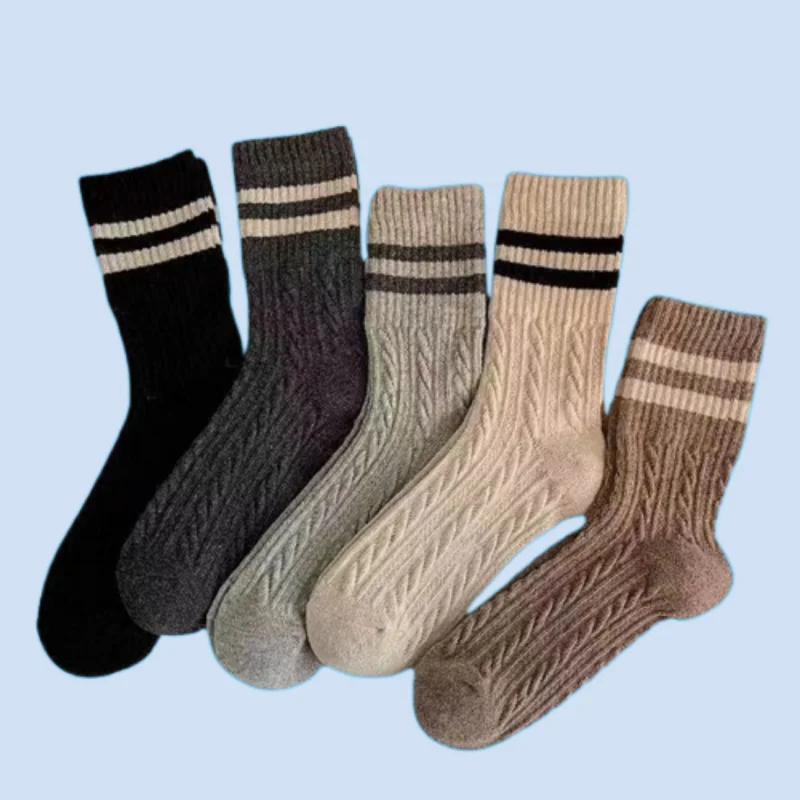 

5/10 Pairs Women Thick Warm Japanese Striped Double Bar Middle Socks New Brown Retro Pile Socks Autumn and Winter Twisted Socks